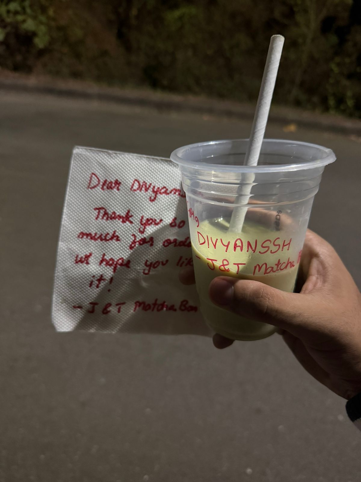 Handwritten note on a matcha order