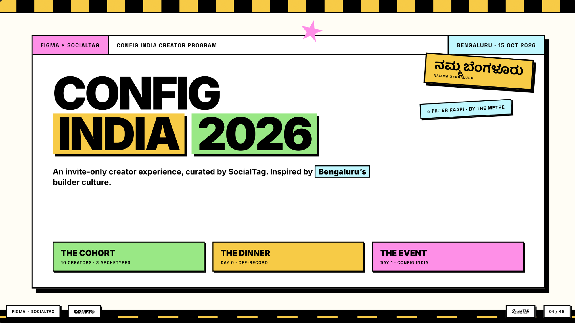 Figma × SocialTag pitch deck cover for the Config India 2026 creator program